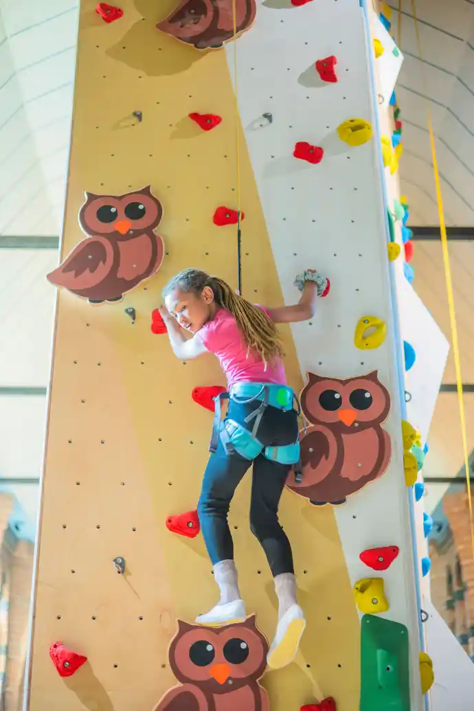 Enfant escaladant un mur d’escalade avec décor d’animaux